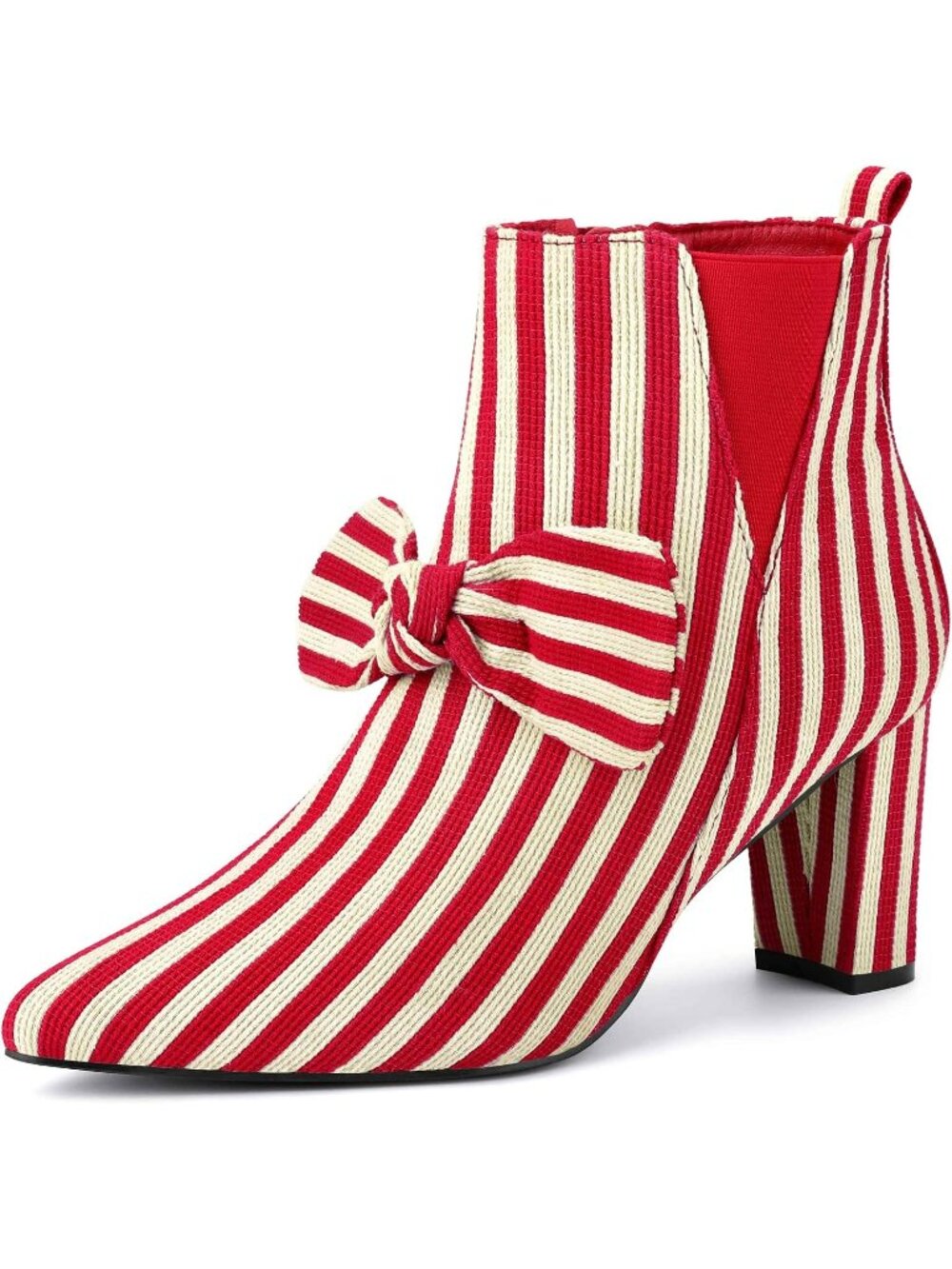 Women's Red Fashionable Bow Stripe Pointed Toe Chunky Heels Winter Ankle Boots - Picture 5 of 6